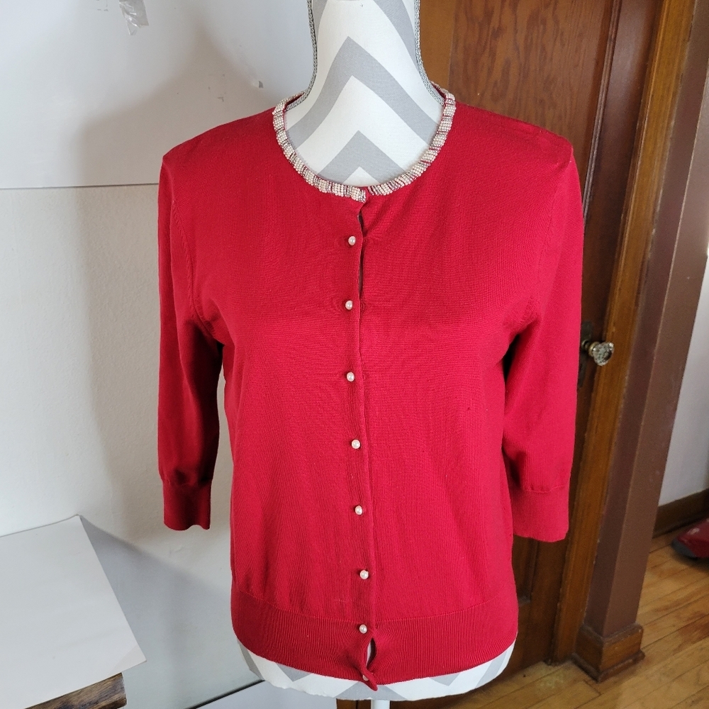 Womans Silx by August Silk Button Cardigan Silk Blend Beaded 3/4 Sleeve Size L